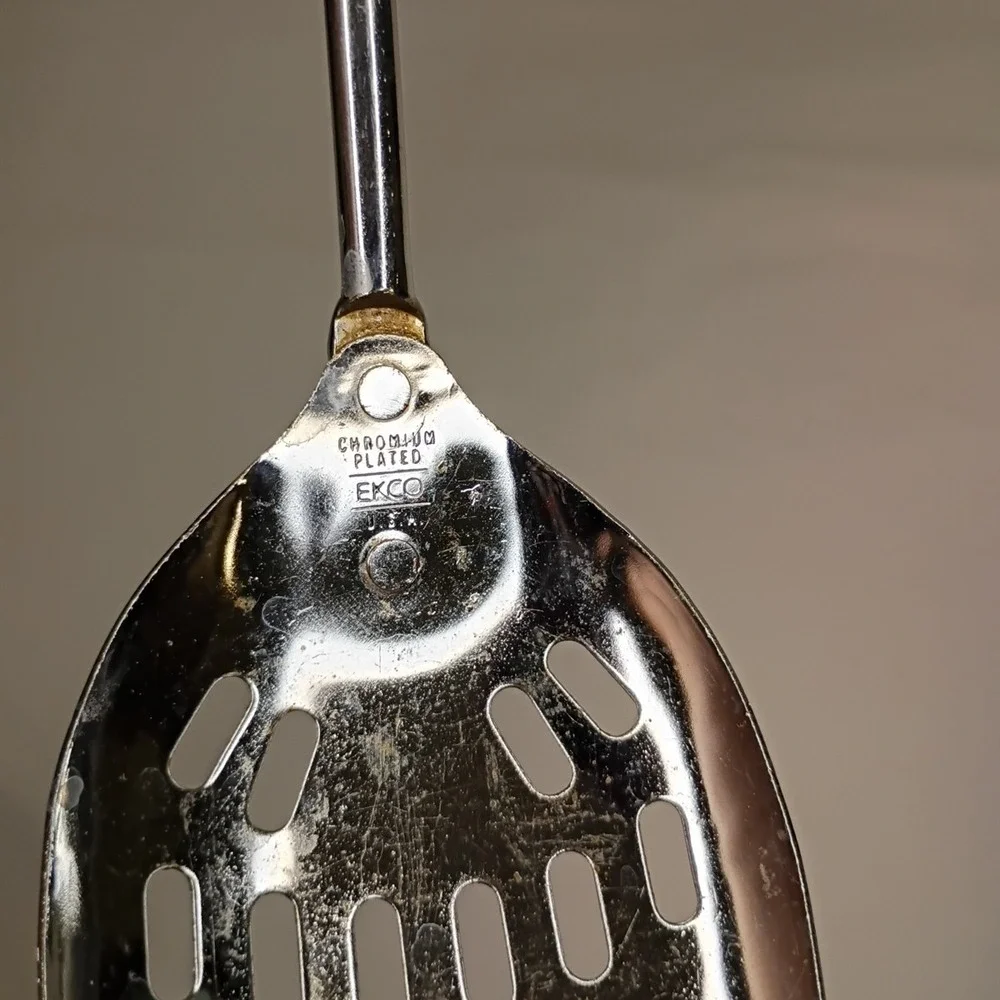Vintage Ekco Slotted Serving Spoon Chromium Plated Black Plastic Handle‎ USA 12
